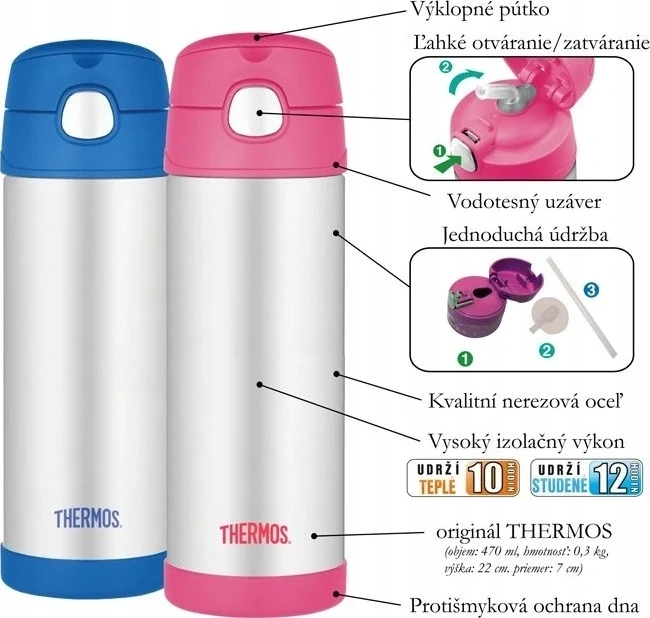 Thermos Termosas su šiaudeliu vaikams - 470 ml, nerūdijančio plieno, rožinis