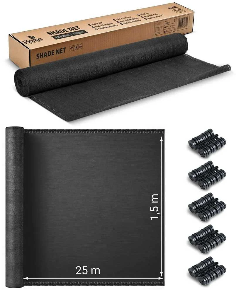 Plonos Tinklelis nuo šešėlių 1,5 x 25 m, 110 g/m² + 50 spaustukų, pilkas