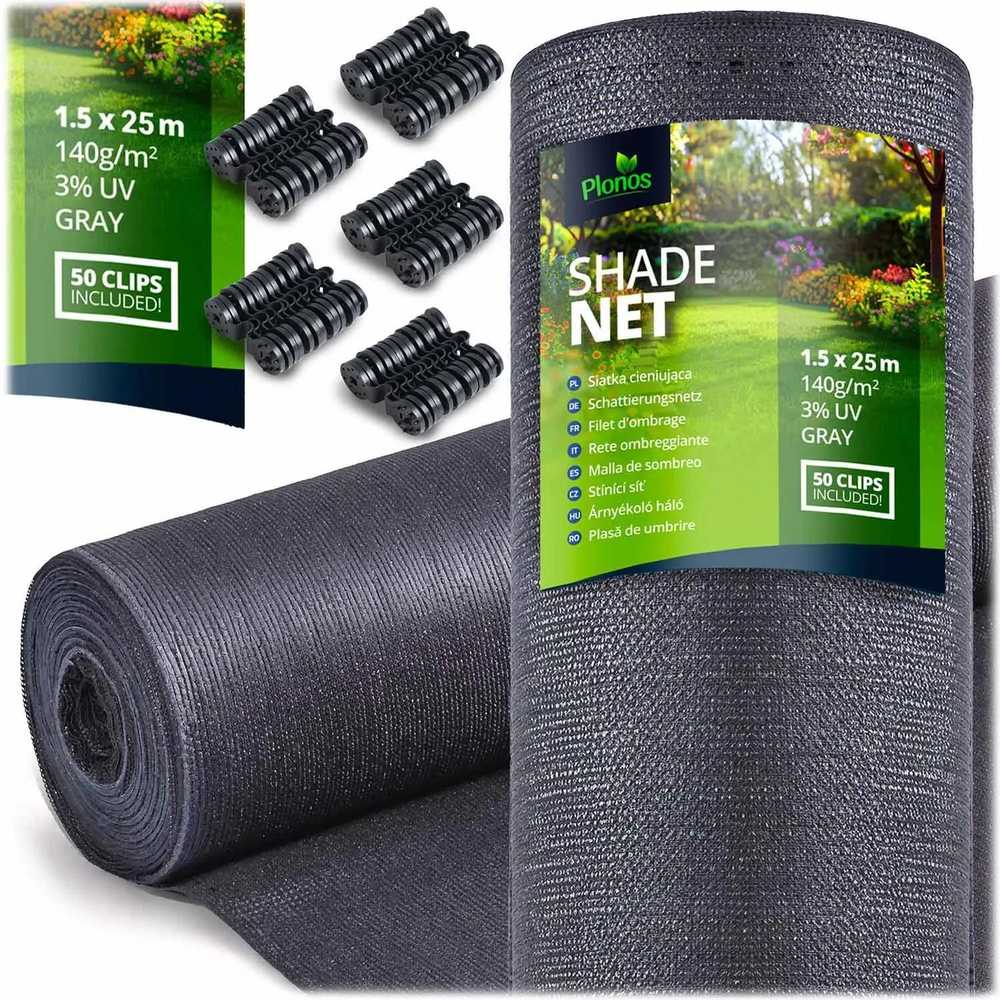 Plonos Tinklelis nuo šešėlių 1,5 x 25 m, 140 g/m² + 50 spaustukų, pilkas
