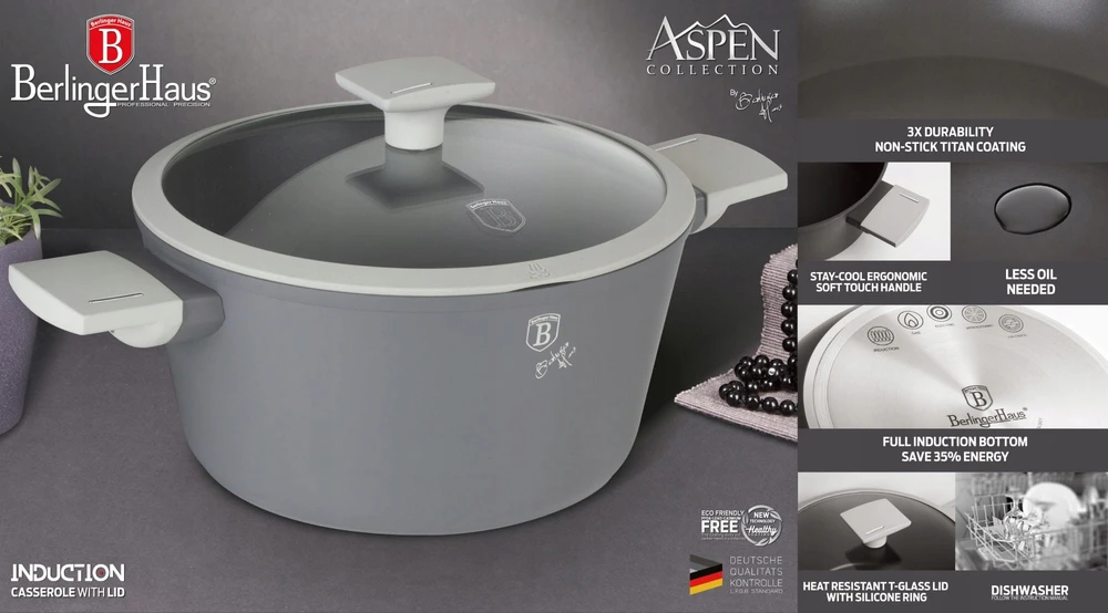 Titano puodas su dangteliu, pilkas 24cm 4.1L indukcinis BERLINGER HAUS Aspen