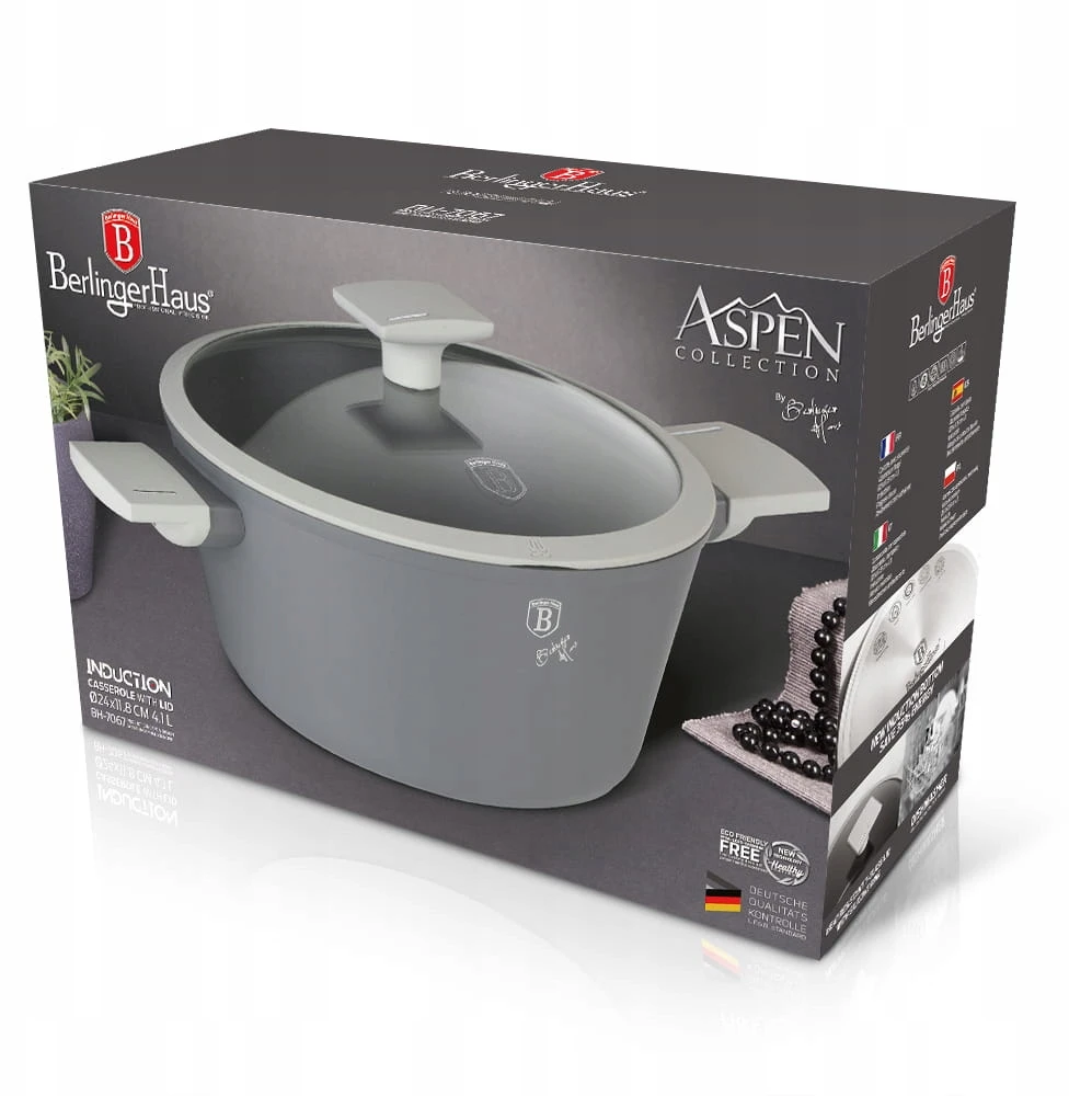 Titano puodas su dangteliu, pilkas 24cm 4.1L indukcinis BERLINGER HAUS Aspen