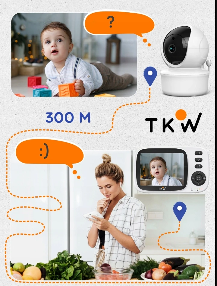 TKW Elektroninė auklė su kamera ir monitoriumi 3.2, 4x priartinimas nakties režimu, pasukamas 355° kampu