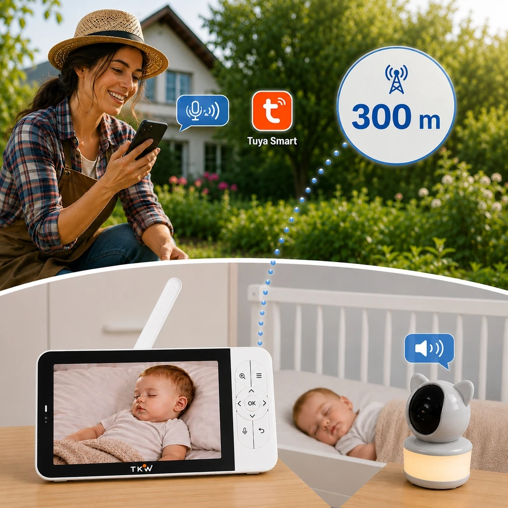 TKW Elektroninis kūdikio monitorius su 5 colių HD 1080P WiFi kamera, nakties šviesos sukimosi 355 VOX