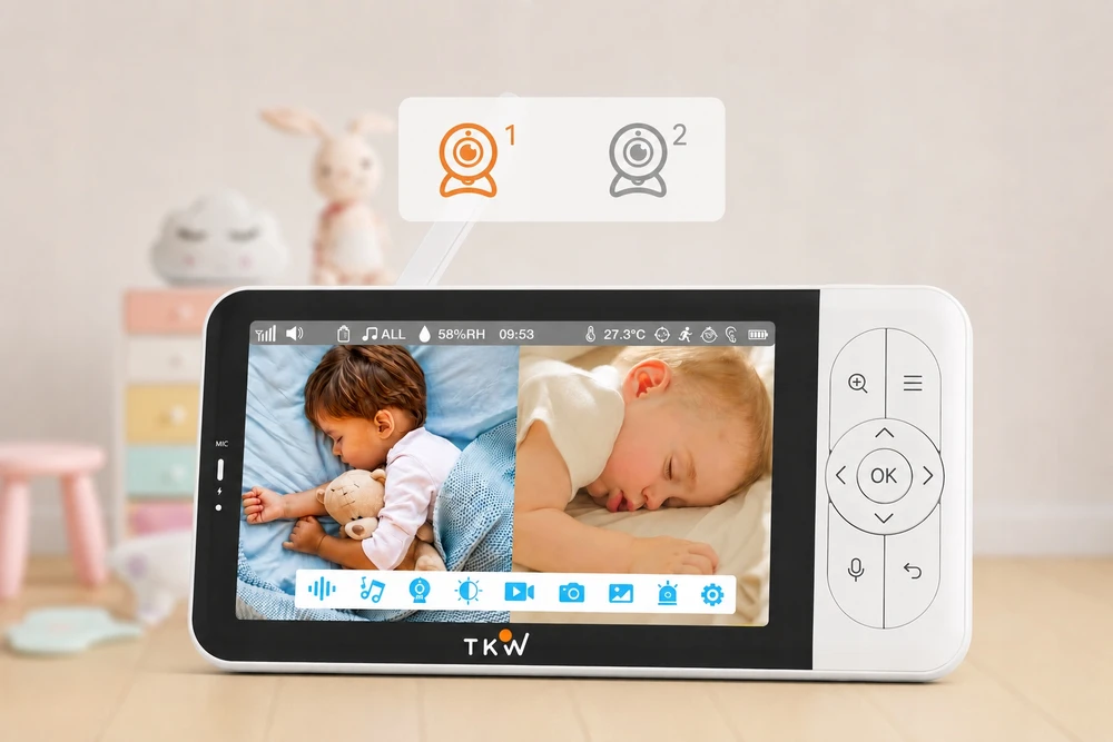 TKW Elektroninis kūdikio monitorius su 5 colių HD 1080P WiFi kamera, nakties šviesos sukimosi 355 VOX