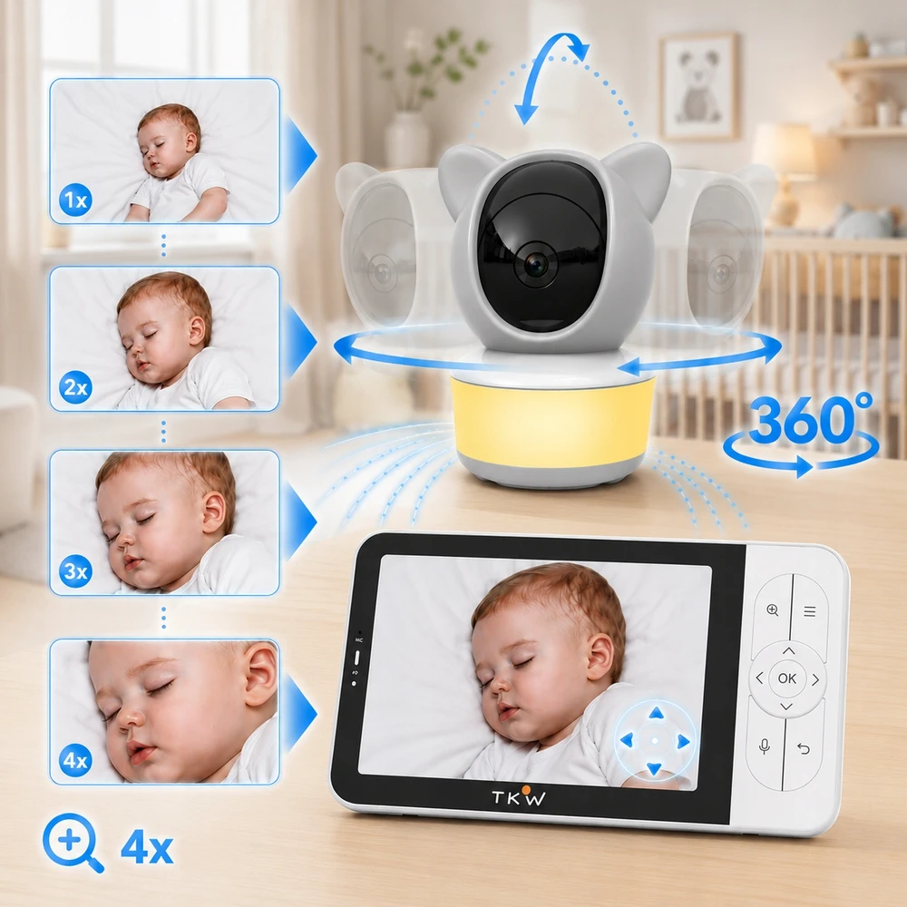 TKW Elektroninis kūdikio monitorius su 5 colių HD 1080P WiFi kamera, nakties šviesos sukimosi 355 VOX