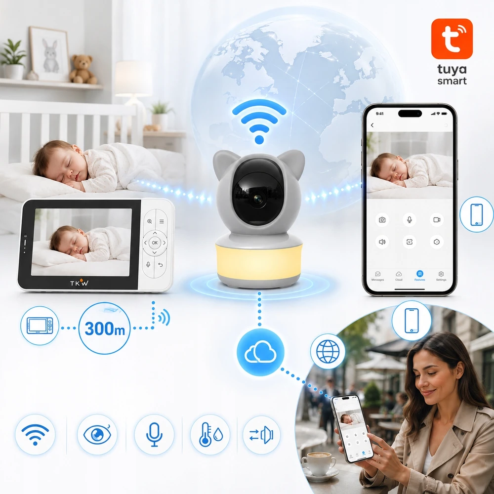 TKW Elektroninis kūdikio monitorius su 5 colių HD 1080P WiFi kamera, nakties šviesos sukimosi 355 VOX
