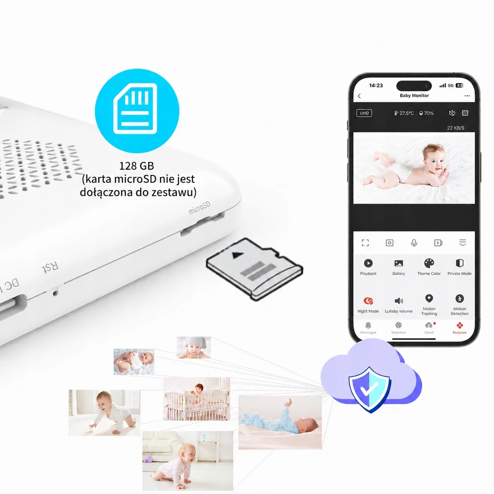 TKW Elektroninis kūdikio monitorius su 5 colių HD 1080P WiFi kamera, nakties šviesos sukimosi 355 VOX