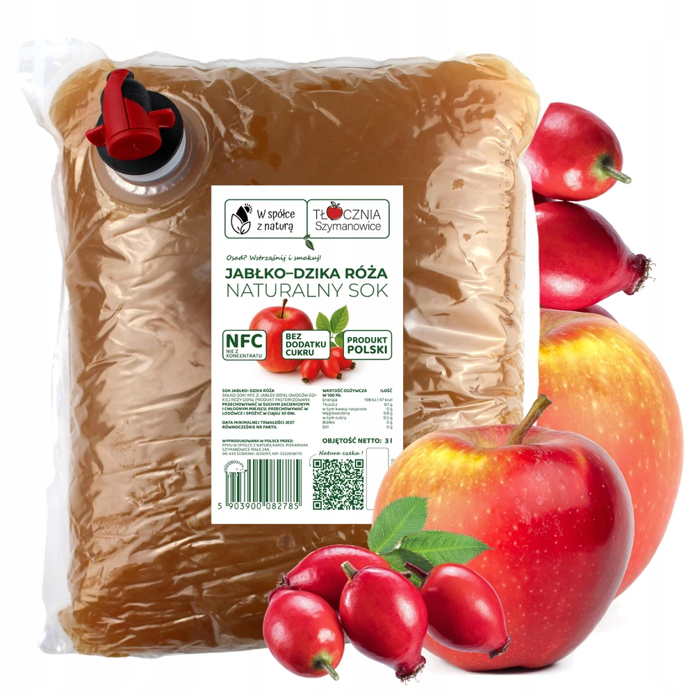Tocznia Szymanowice OBUOLIŲ SULTYS SU LAUKINĖMIS ROŽĖMIS, SPAUSTOS 100% NFC FRESH