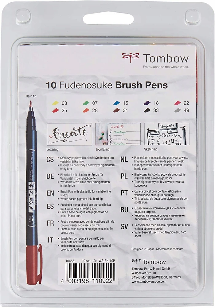 Tombow Fudenosuke teptukiniai markeriai, 10 vnt. rinkinys