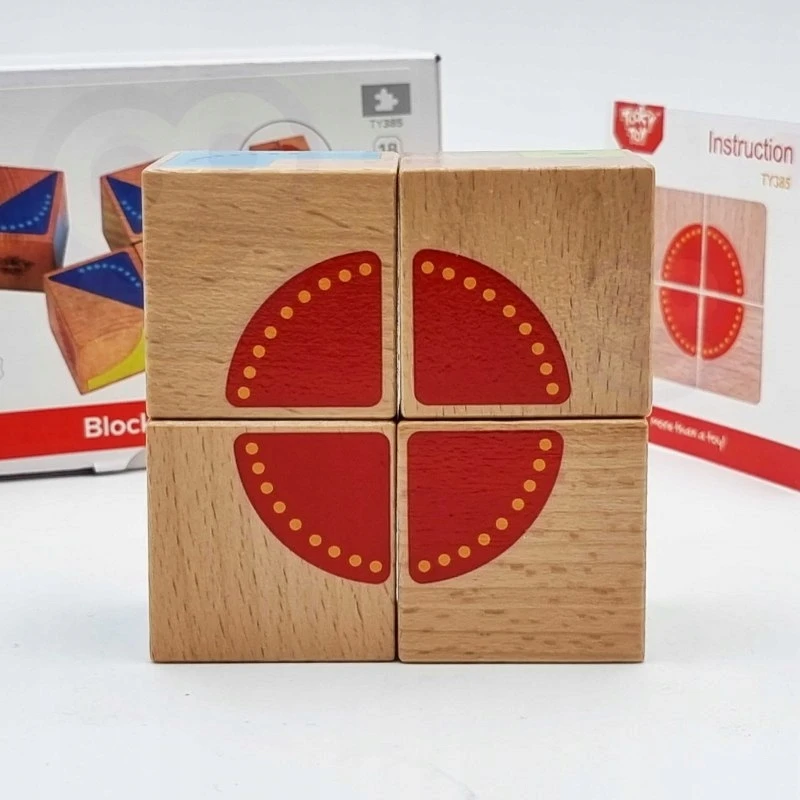 Tooky Toys Paimtas žaislinis medinis jutimo blokai Kūrybinė simetrija 4 PCS + brošiūra su modeliais FSC sertifikate