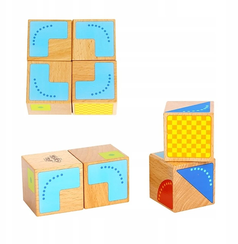 Tooky Toys Paimtas žaislinis medinis jutimo blokai Kūrybinė simetrija 4 PCS + brošiūra su modeliais FSC sertifikate