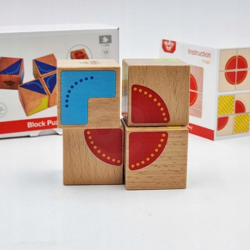 Tooky Toys Paimtas žaislinis medinis jutimo blokai Kūrybinė simetrija 4 PCS + brošiūra su modeliais FSC sertifikate