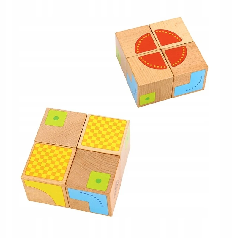 Tooky Toys Paimtas žaislinis medinis jutimo blokai Kūrybinė simetrija 4 PCS + brošiūra su modeliais FSC sertifikate