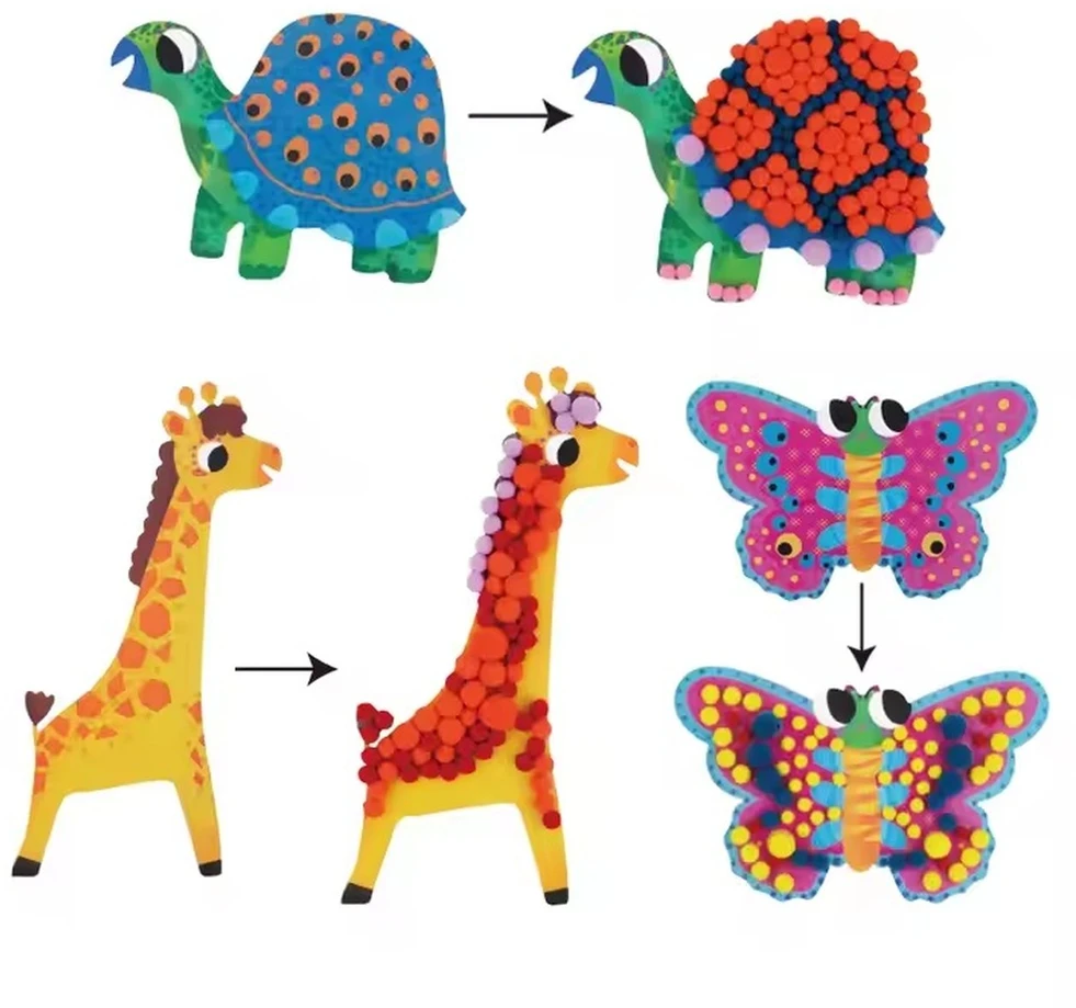 Tooky Toys Pompom Kūrybinis lipdukas vaikams Montessori Animals