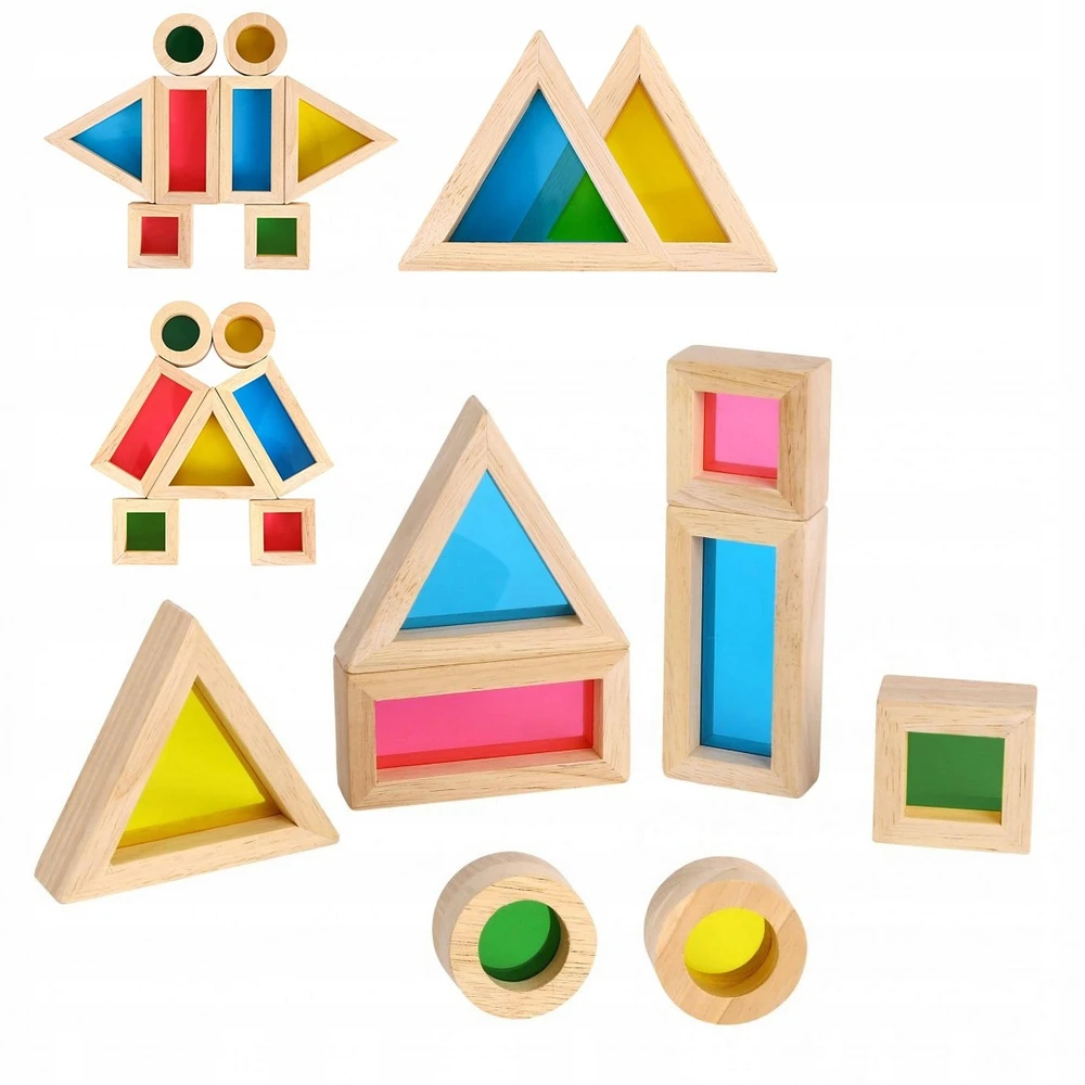 Tooky Toys Žaisliniai mediniai spalvingi veidrodžių blokai 8 rinkiniai. FSC