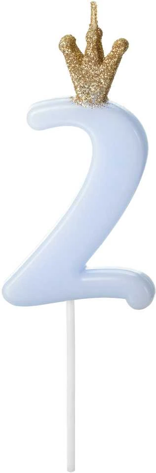 PartyDeco Žvakutė Skaičius su karūna, žydra 9,5cm, Skaičius: 2