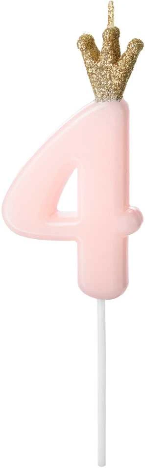 PartyDeco Žvakutė Skaičius su karūna, rausva 9,5cm, Skaičius: 4