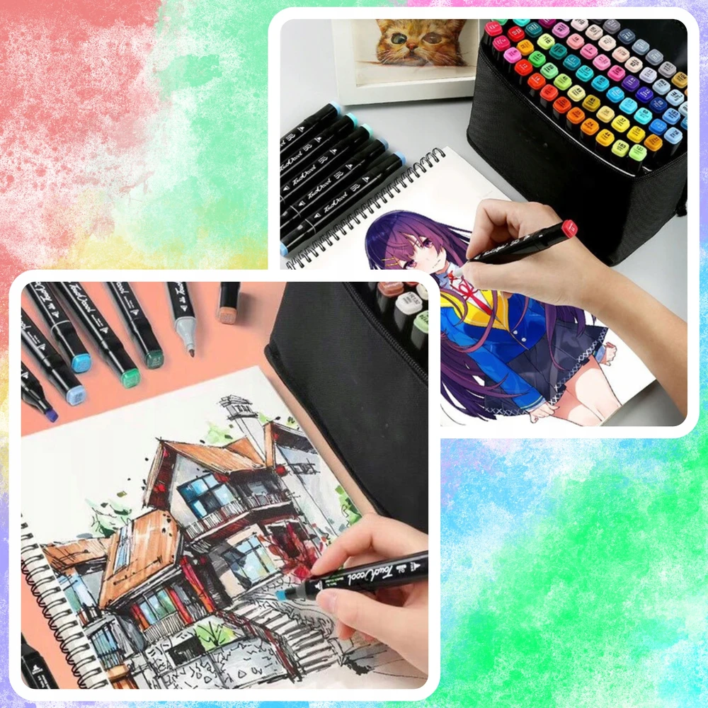 Touch Sketch MARKERY ALKOHOLOWE 60 SZT Flamastry Mazaki Pisaki Dwustronne Rinkinys + KREPŠYS
