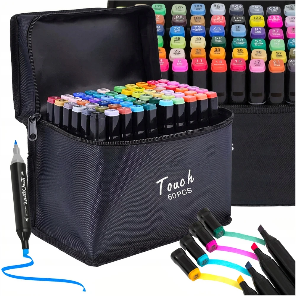 Touch Sketch MARKERY ALKOHOLOWE 60 SZT Flamastry Mazaki Pisaki Dwustronne Rinkinys + KREPŠYS