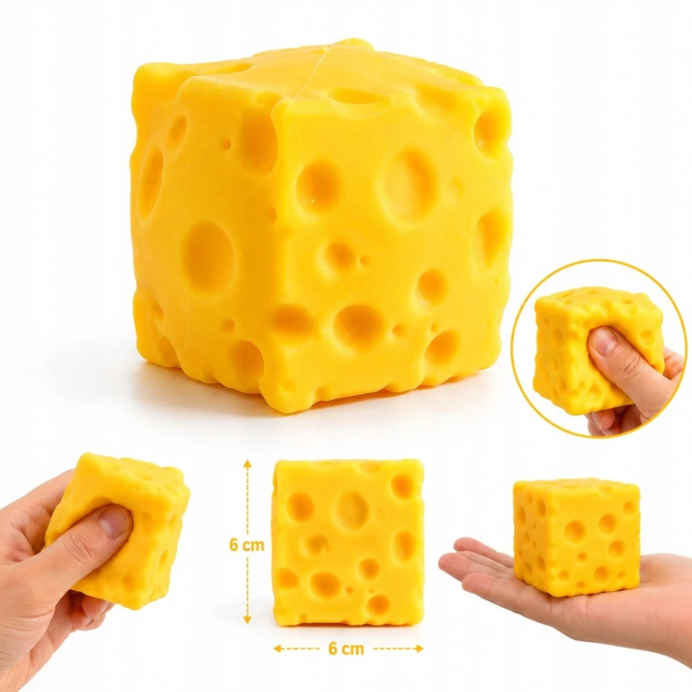 Toys GNIOTEK DIDELIS SŪRIS GELTONAS SŪRIO KUBAS ANTESTRESSAS ŽAISLAS 5 cm SQUISHY MOCHI