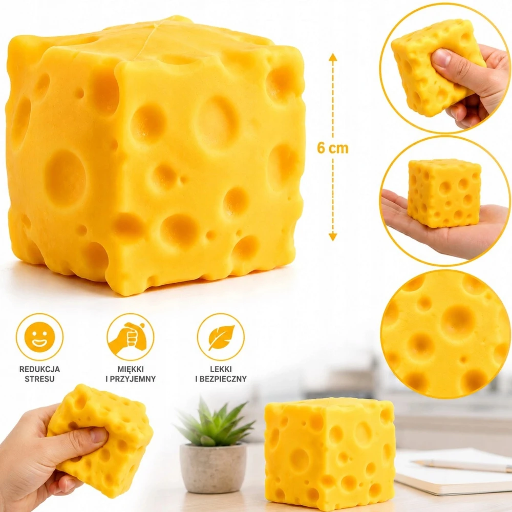 Toys GNIOTEK DIDELIS SŪRIS GELTONAS SŪRIO KUBAS ANTESTRESSAS ŽAISLAS 5 cm SQUISHY MOCHI