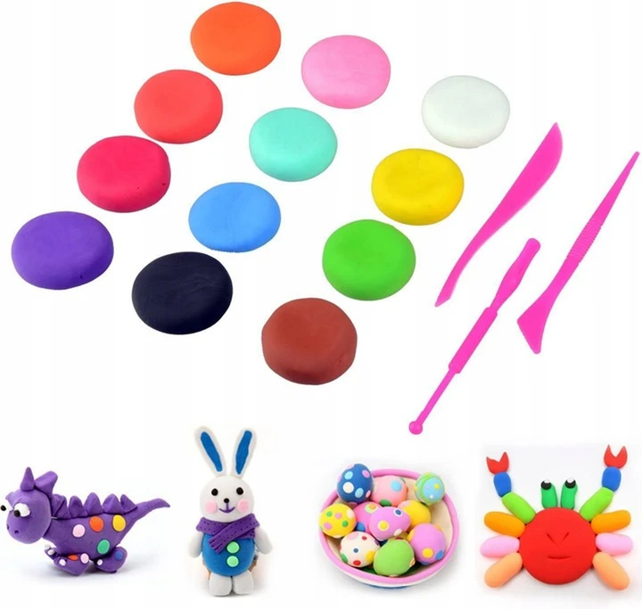 Toys PLASTIKOS MASĖ 12 VIENETŲ PUTOMOLIS SU PRIEDAIS SPALVŲ MIŠINIS SUPER MOLIS