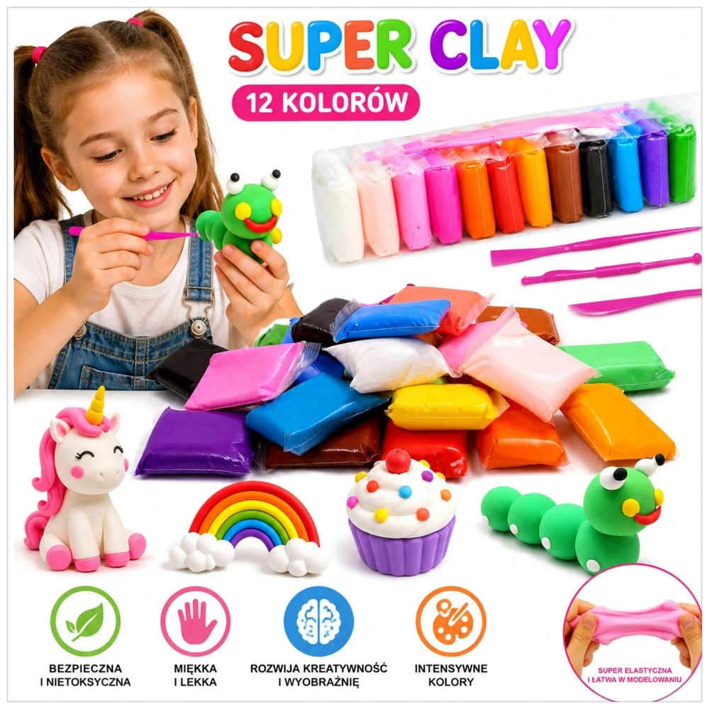 Toys SUPER CAY PLASTICINE MOLIS POLIMERINĖ PUTOS 12 SPALVŲ KŪRYBINGOS