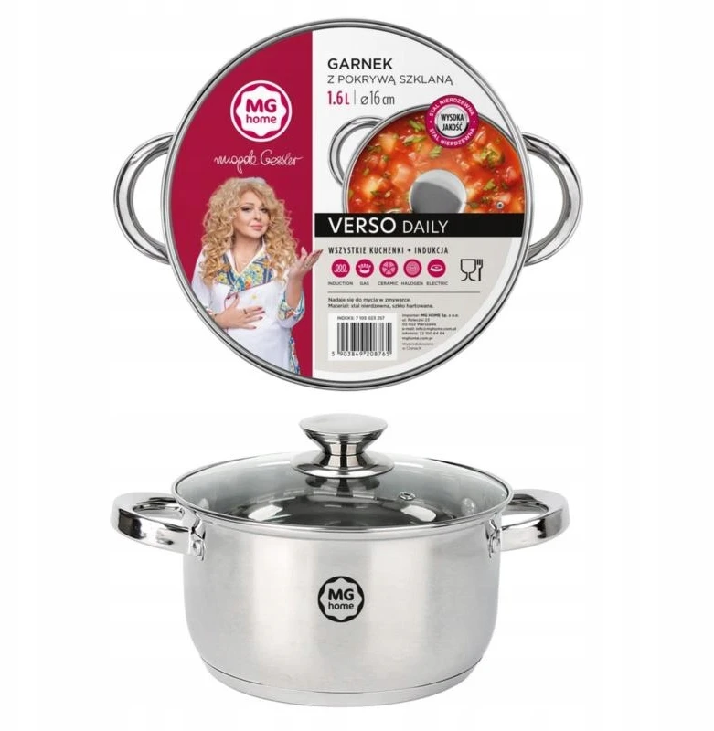 Tradicinis puodas su stikliniu dangteliu MG Home 16cm 1,8L nerūdijančio plieno.