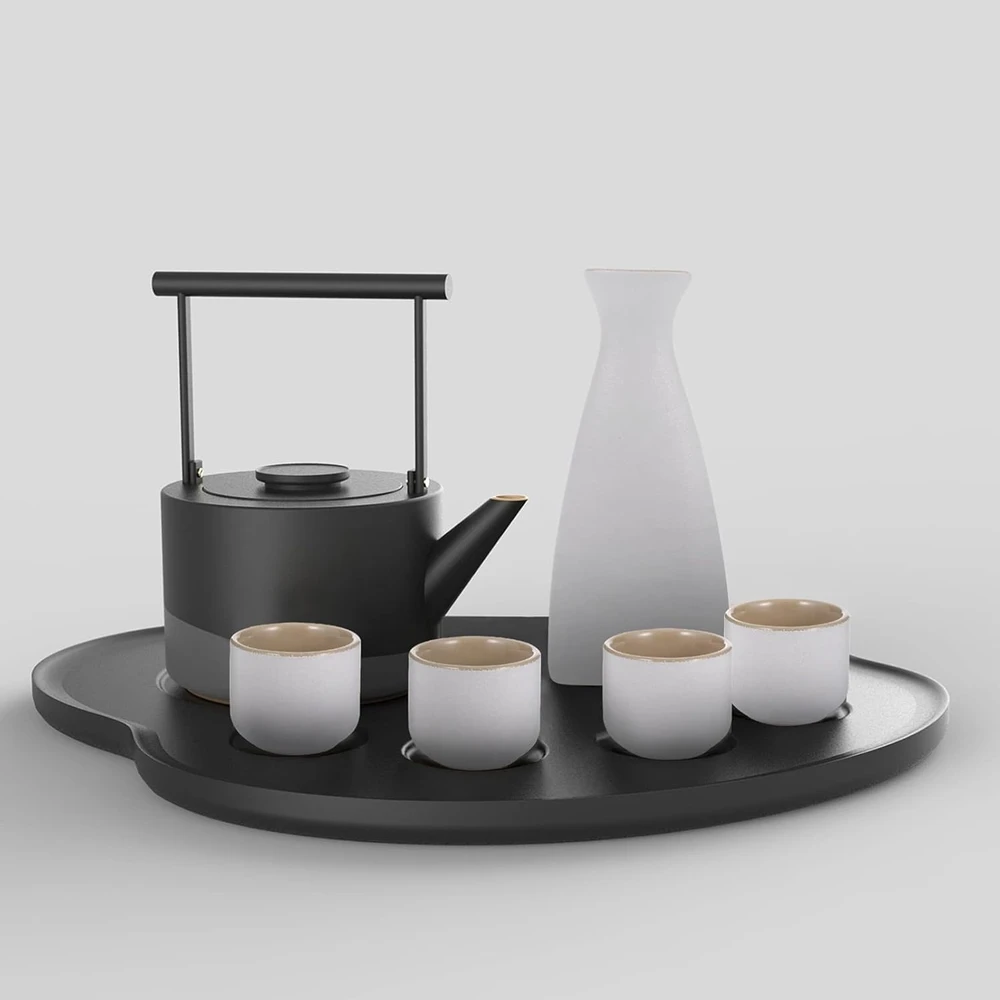 TRADICINIS SAKE RINKINYS, KARAFINAS IR DUBULIAI, 6 vnt, japoniško stiliaus, keramika