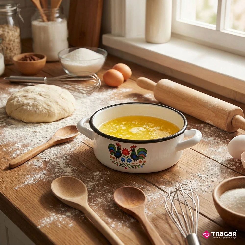 Tragar Emaliuotas puodas 14cm su rankenėlėmis Tradicinis baltas liaudies puodas 0,9L
