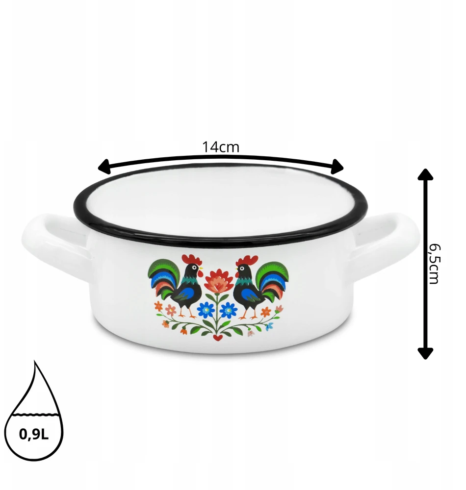 Tragar Emaliuotas puodas 14cm su rankenėlėmis Tradicinis baltas liaudies puodas 0,9L