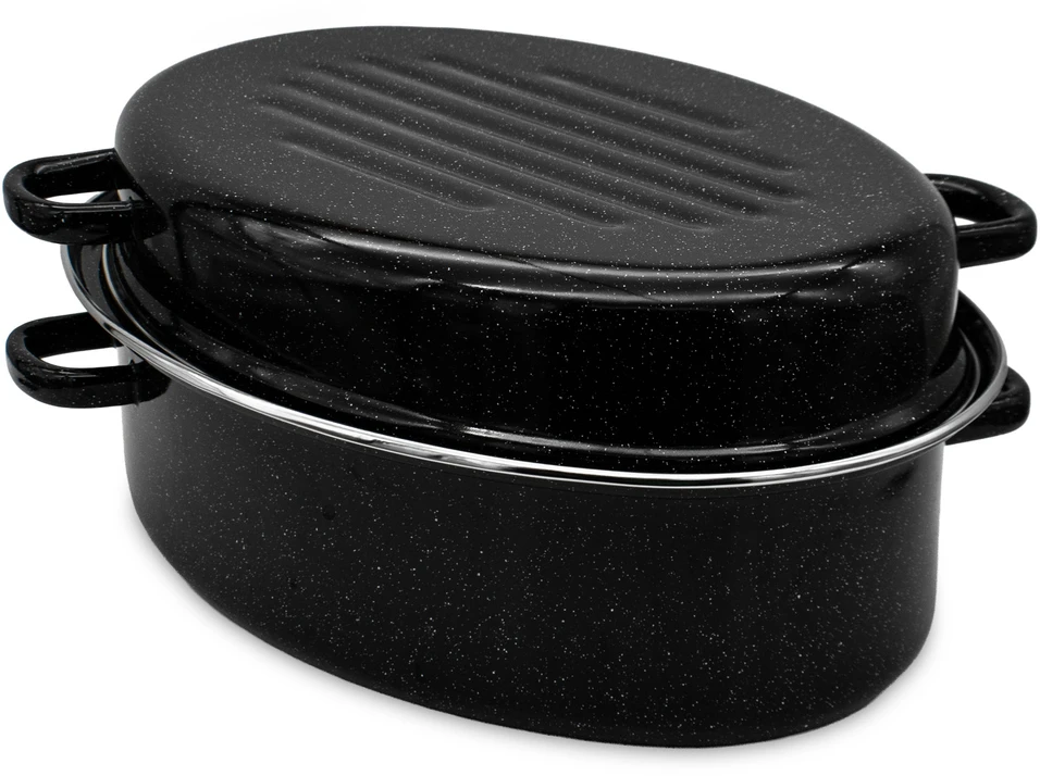 Tragar Emaliuotas žąsų puodas 38 cm ovalus kepsnys su dangčiu, talpus juodas 7,5 l
