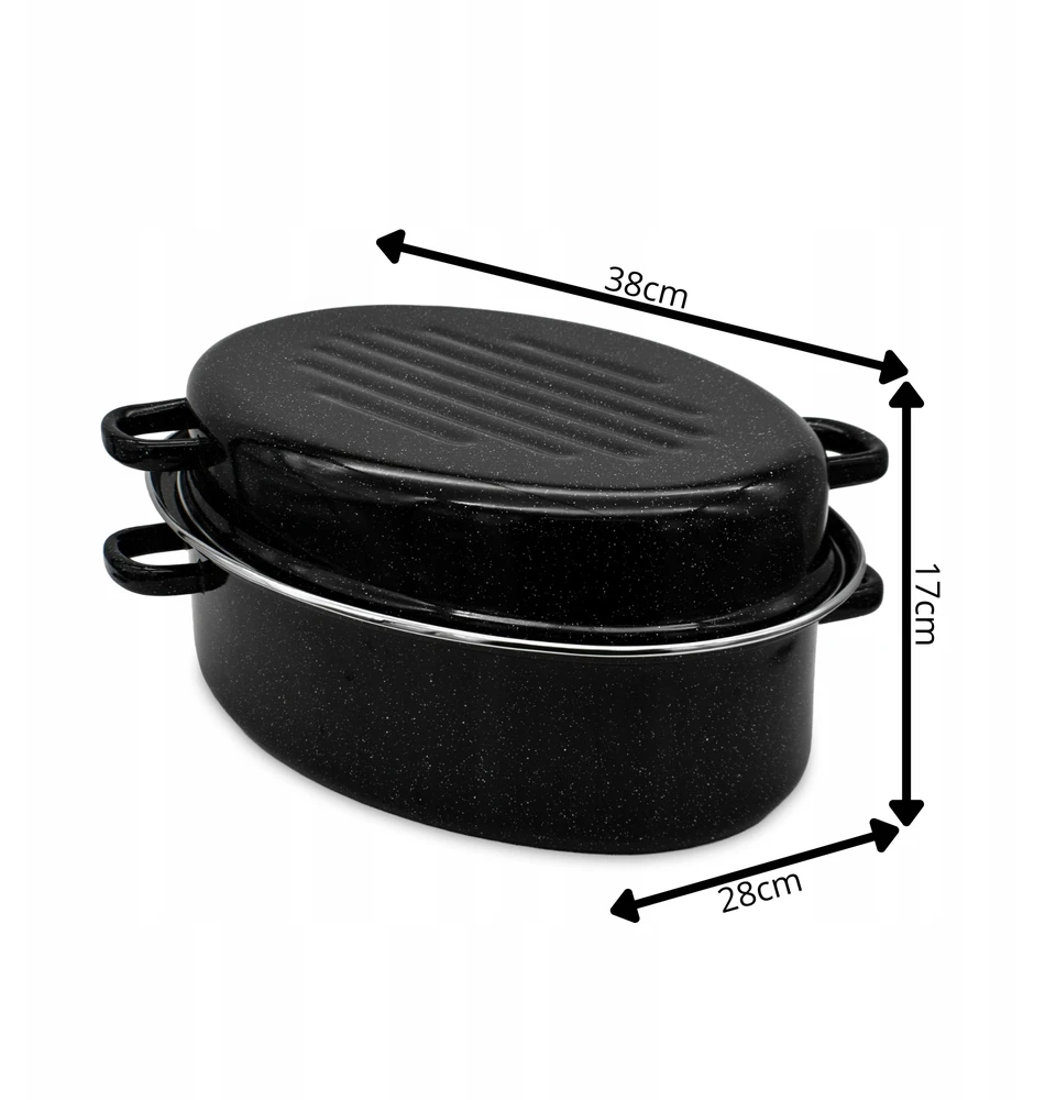 Tragar Emaliuotas žąsų puodas 38 cm ovalus kepsnys su dangčiu, talpus juodas 7,5 l