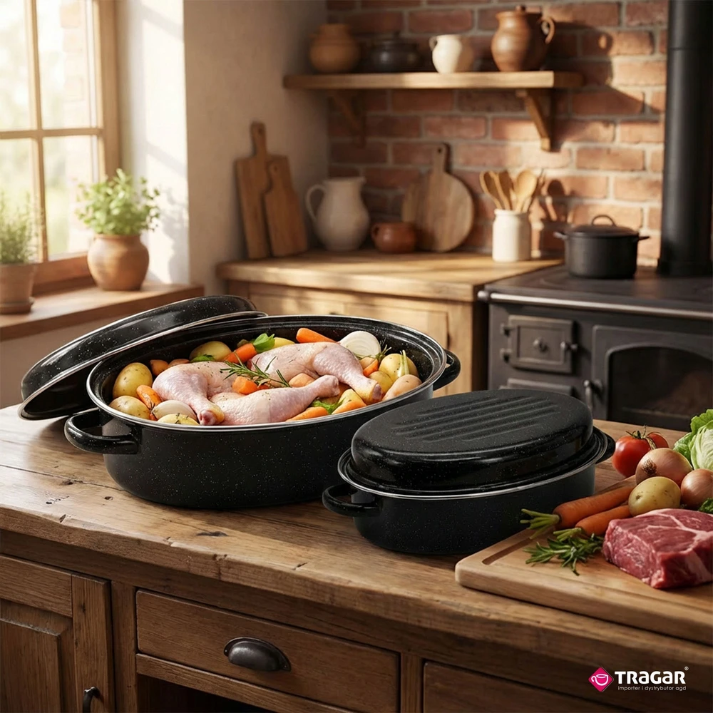 Tragar Emaliuotas žąsų puodas 38 cm ovalus kepsnys su dangčiu, talpus juodas 7,5 l