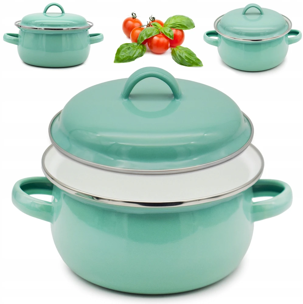 Tragar Puodas su rankenomis ir dangčiu 1,3 l Celadon emalio puodas 16cm