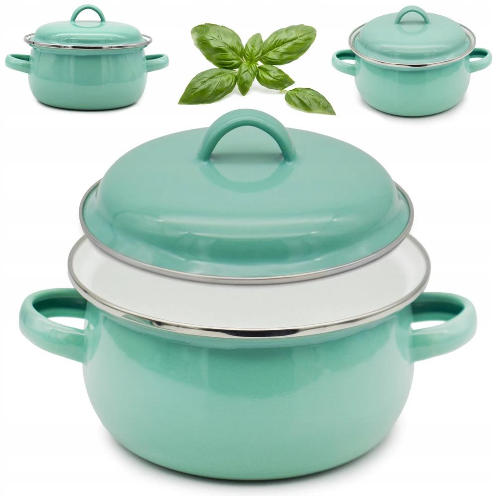 Tragar Puodas su rankenomis ir dangčiu 950ml Celadon emalio puodas 14cm