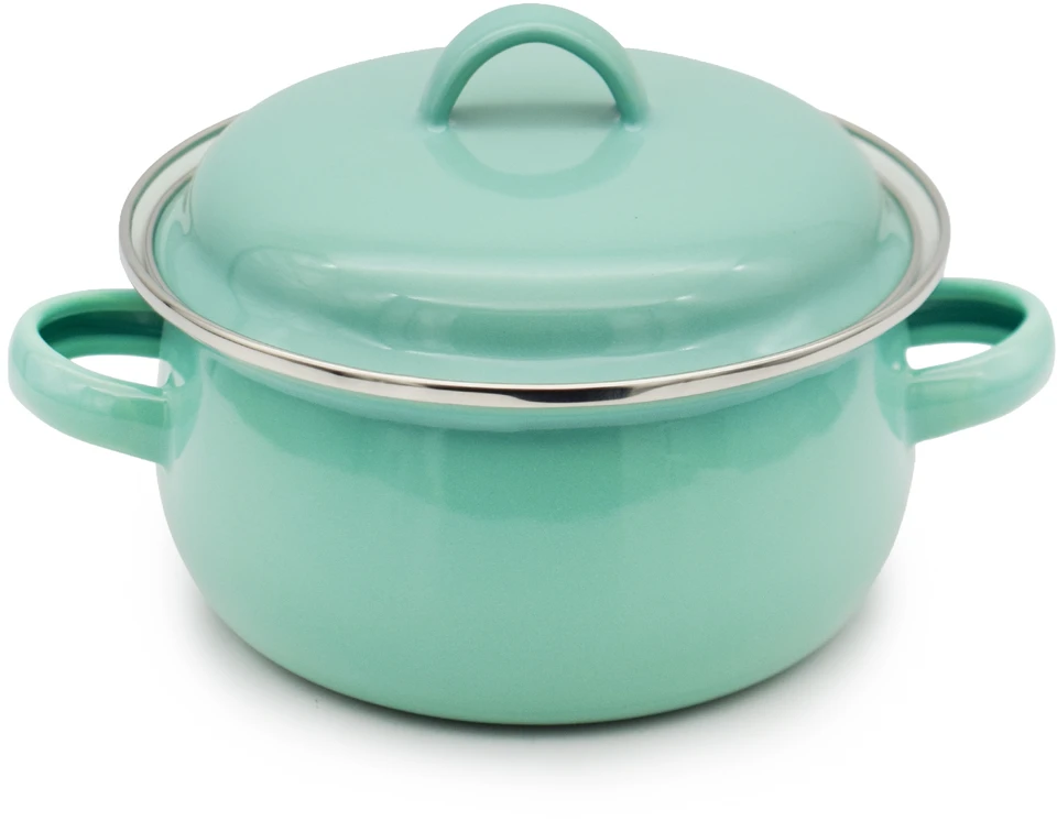 Tragar Puodas su rankenomis ir dangteliu 600ml Celadon emalio puodas 12cm