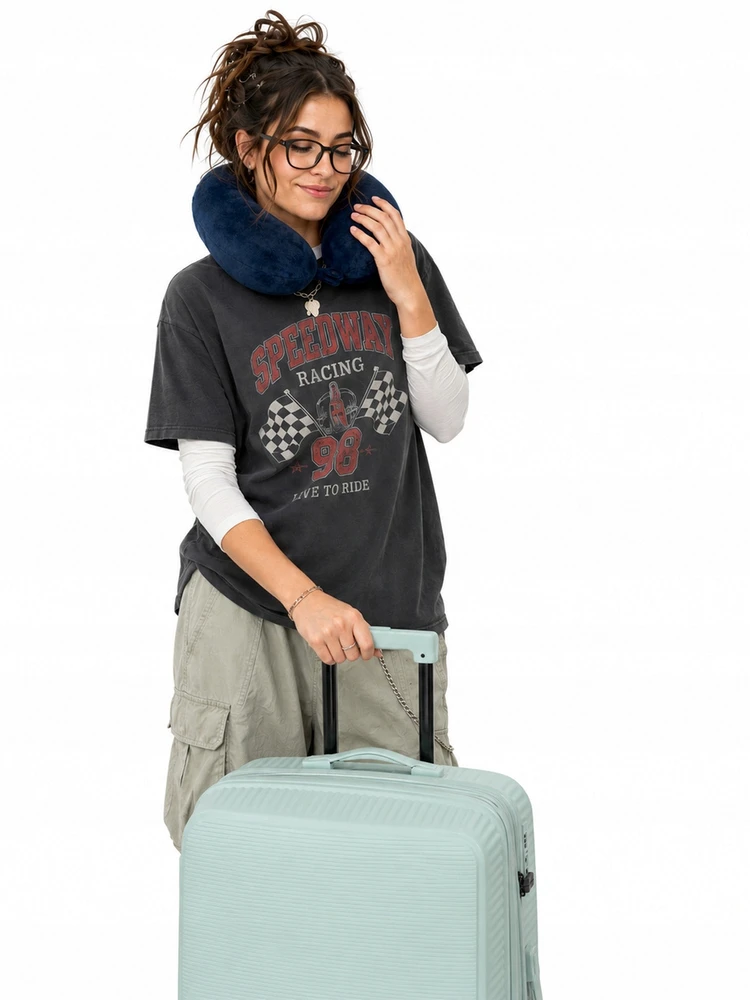 TRAVEL NECK PILLOW kruasanas, skirtas lėktuvo atminties putoms BLU MOONKY mėlynas