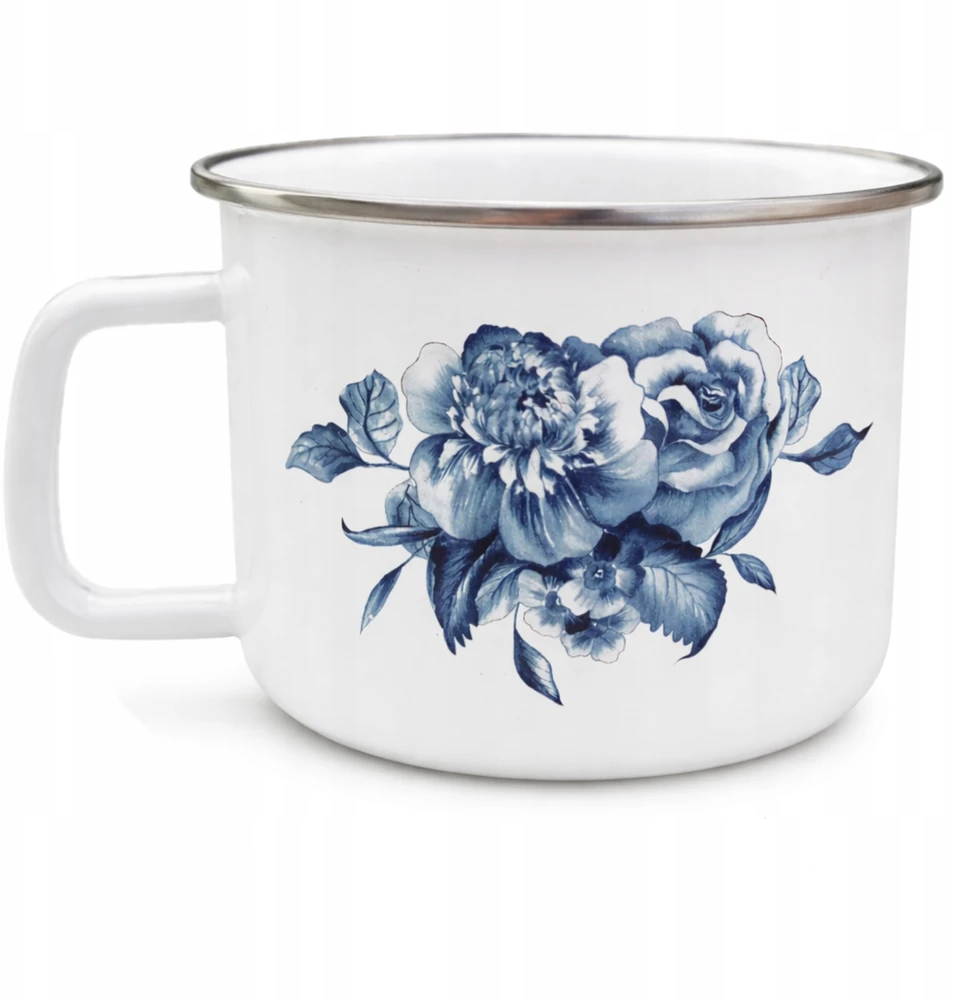 Trendydom Emalio puodelis 1400 ml Puodas 14cm Baltas su rožėmis su dangteliu