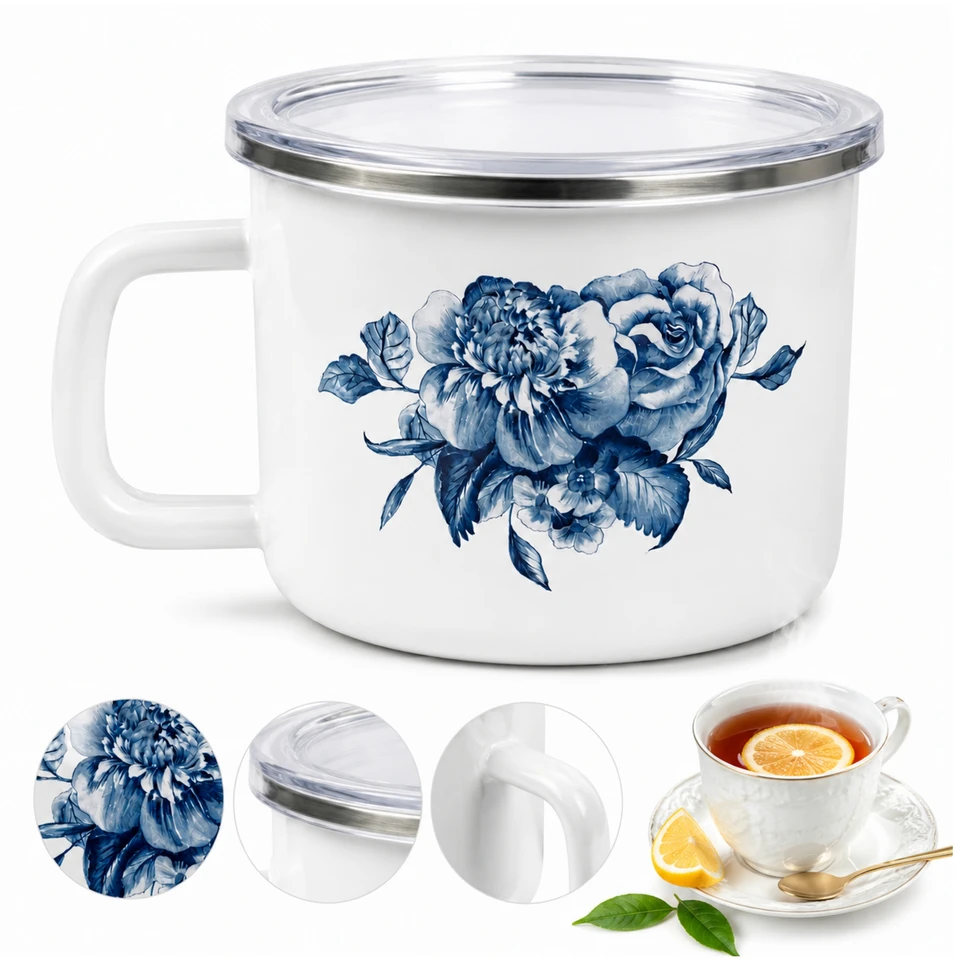 Trendydom Emalio puodelis 1400 ml Puodas 14cm Baltas su rožėmis su dangteliu