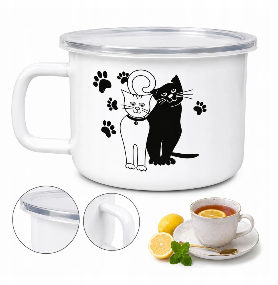 Trendydom Emalio puodelis 500 ml su dangteliu Kotki baltas 10 cm