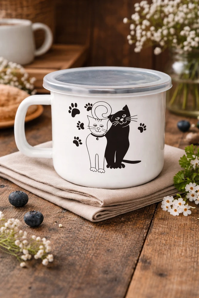 Trendydom Emalio puodelis 900 ml su dangteliu Kotki baltas 12 cm