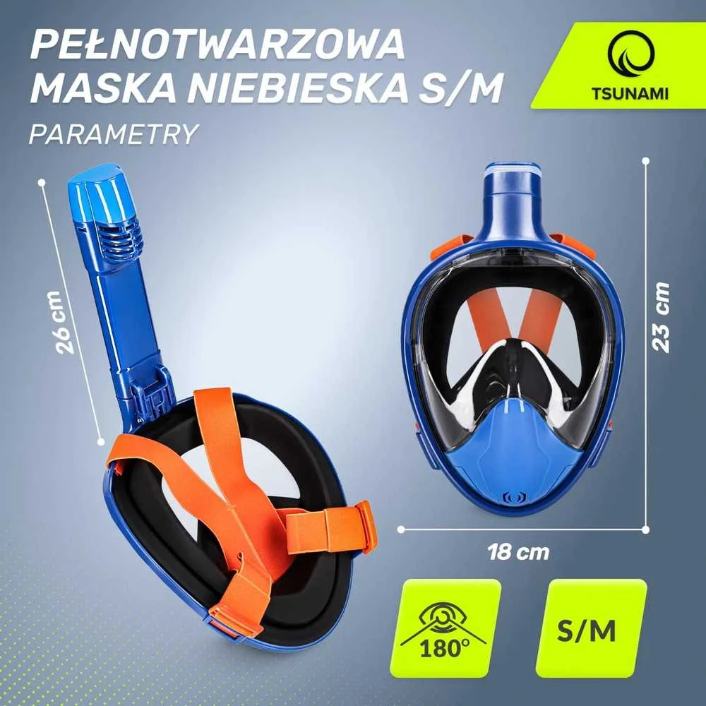 TSUNAMI S/M nardymo kaukė, pilnai dengta, mėlyna