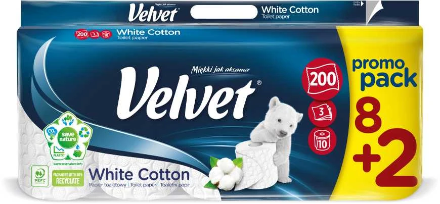 Tualetinis popierius Baltas Cotton Velvet 10 rit./200lap./3sl baltas