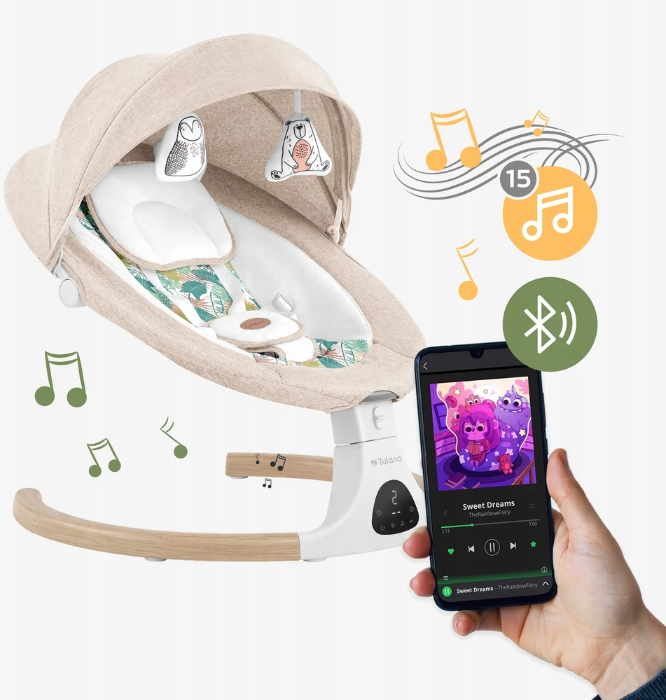 TULANO smėlio spalvos elektrinė supama kėdutė kūdikiams, bluetooth muzika