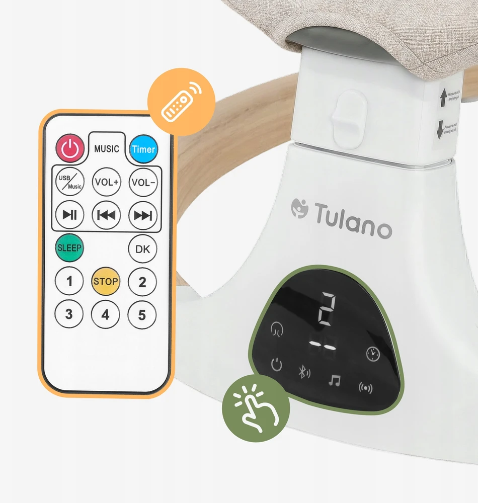 TULANO smėlio spalvos elektrinė supama kėdutė kūdikiams, bluetooth muzika