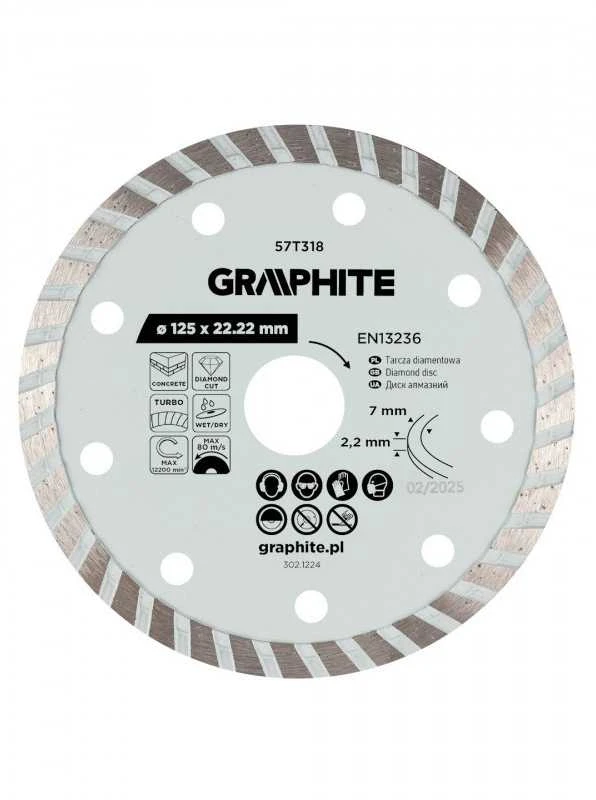 Graphite Turbo pjovimo deimantinis diskas, 125 x 22,22 mm, sausam ir šlapiam pjovimui