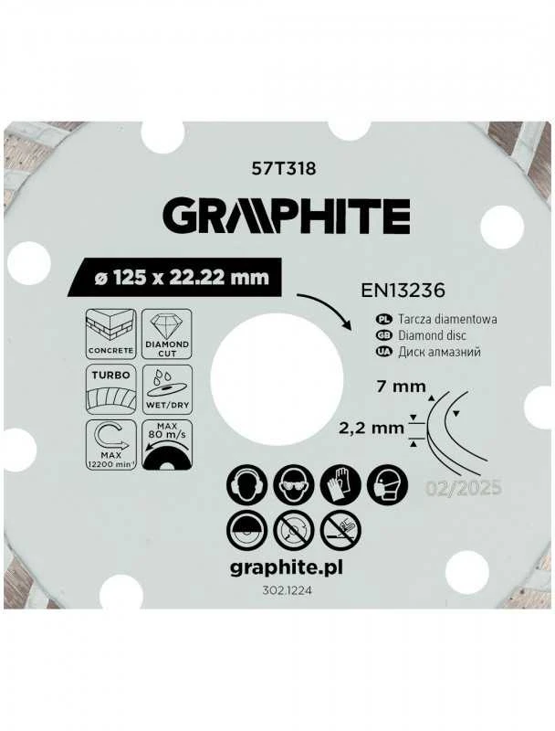 Graphite Turbo pjovimo deimantinis diskas, 125 x 22,22 mm, sausam ir šlapiam pjovimui