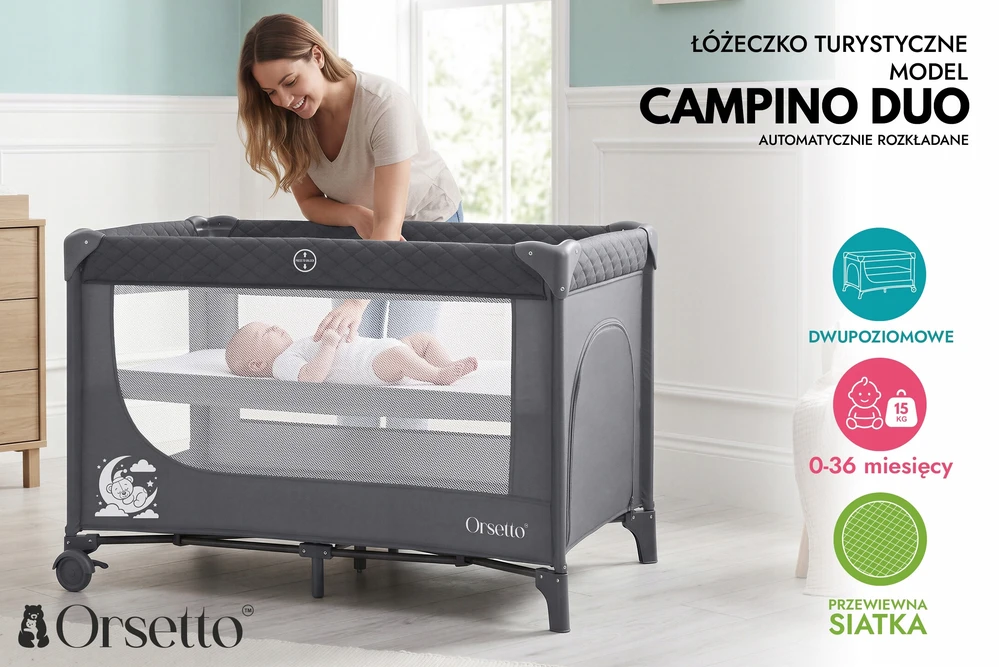 Turistinė lovytė CAMPINO DUO II-POZIOMOWE ORSETTO QUICK FOLD SZARE