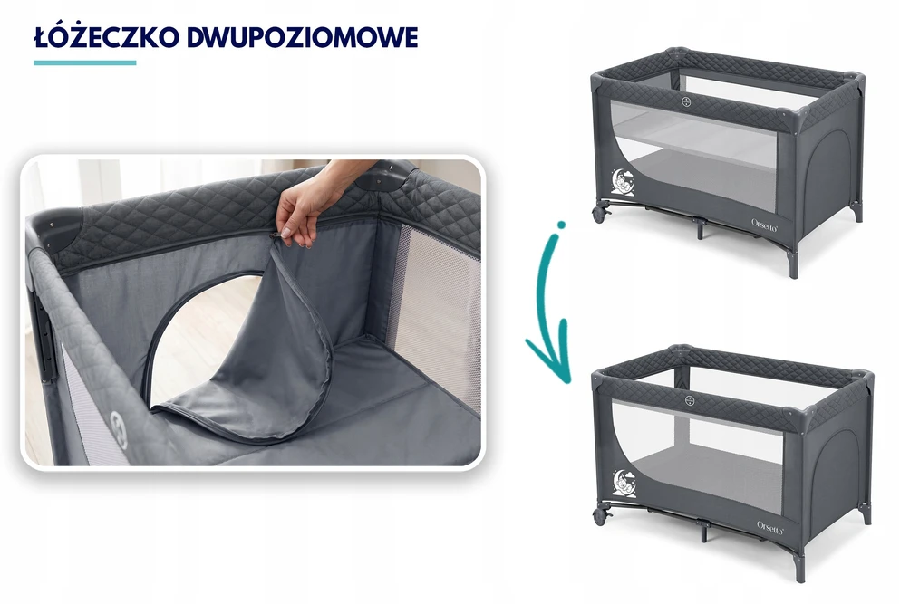 Turistinė lovytė CAMPINO DUO II-POZIOMOWE ORSETTO QUICK FOLD SZARE